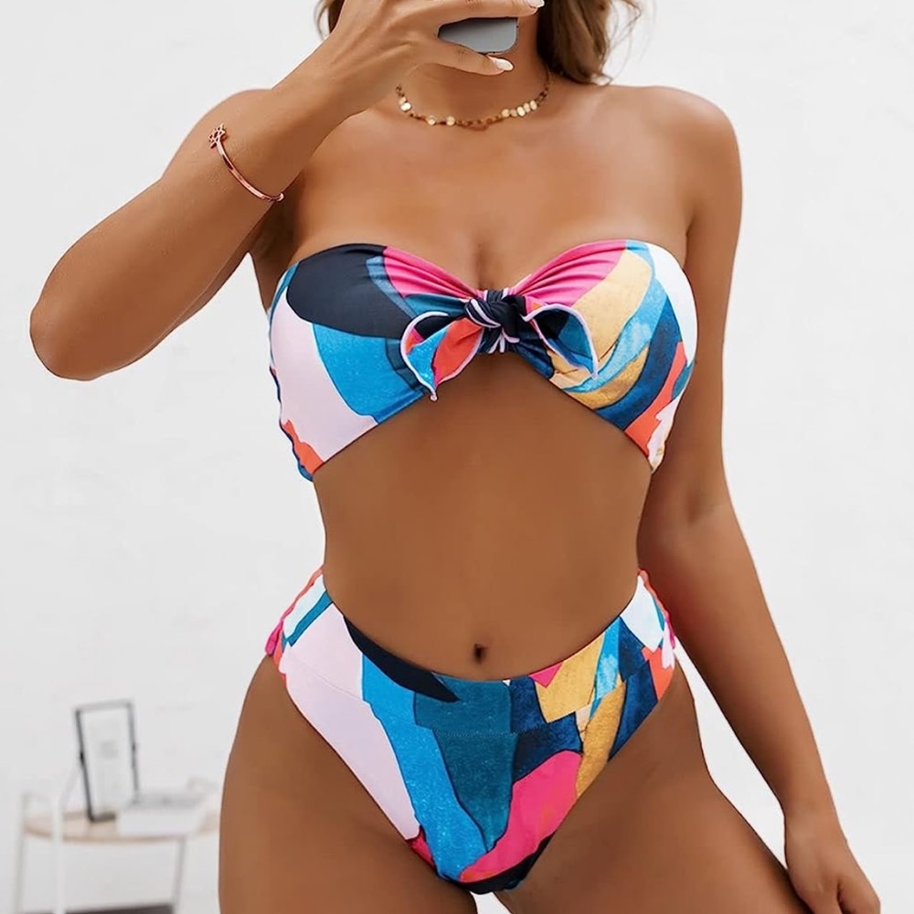 SheIn Women's Graphic Swimsuit Tie Front Bandeau and High Waist Bikini